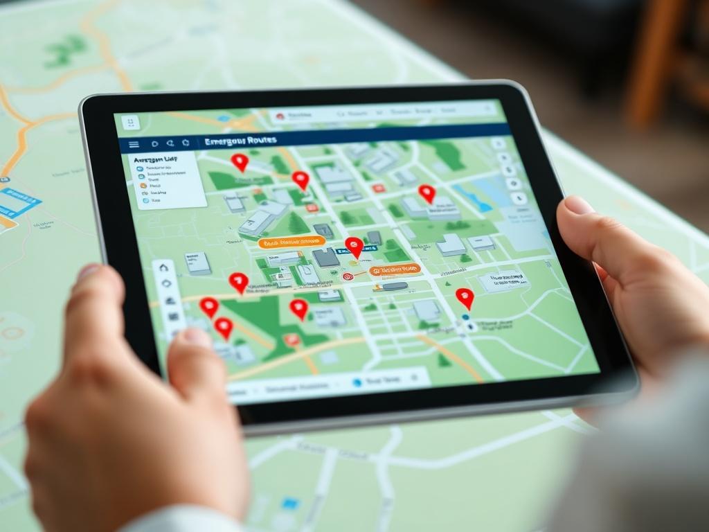A close-up shot of a digital map displayed on a tablet, showcasing detailed campus layouts with emergency routes highlighted. The image emphasizes the technological advancements in situational awareness for educational institutions.