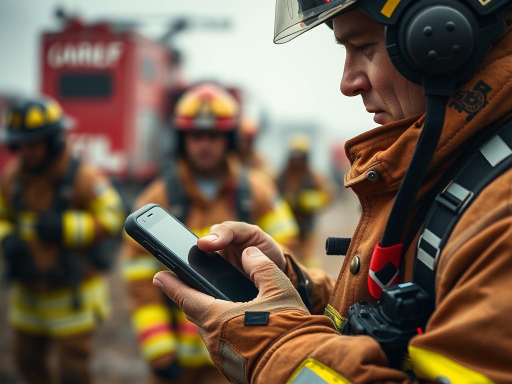 A close-up shot of a firefighter using a rugged smartphone in the field, with a blurred background of emergency responders in action. The image showcases the importance of reliable wireless communication in emergency situations.