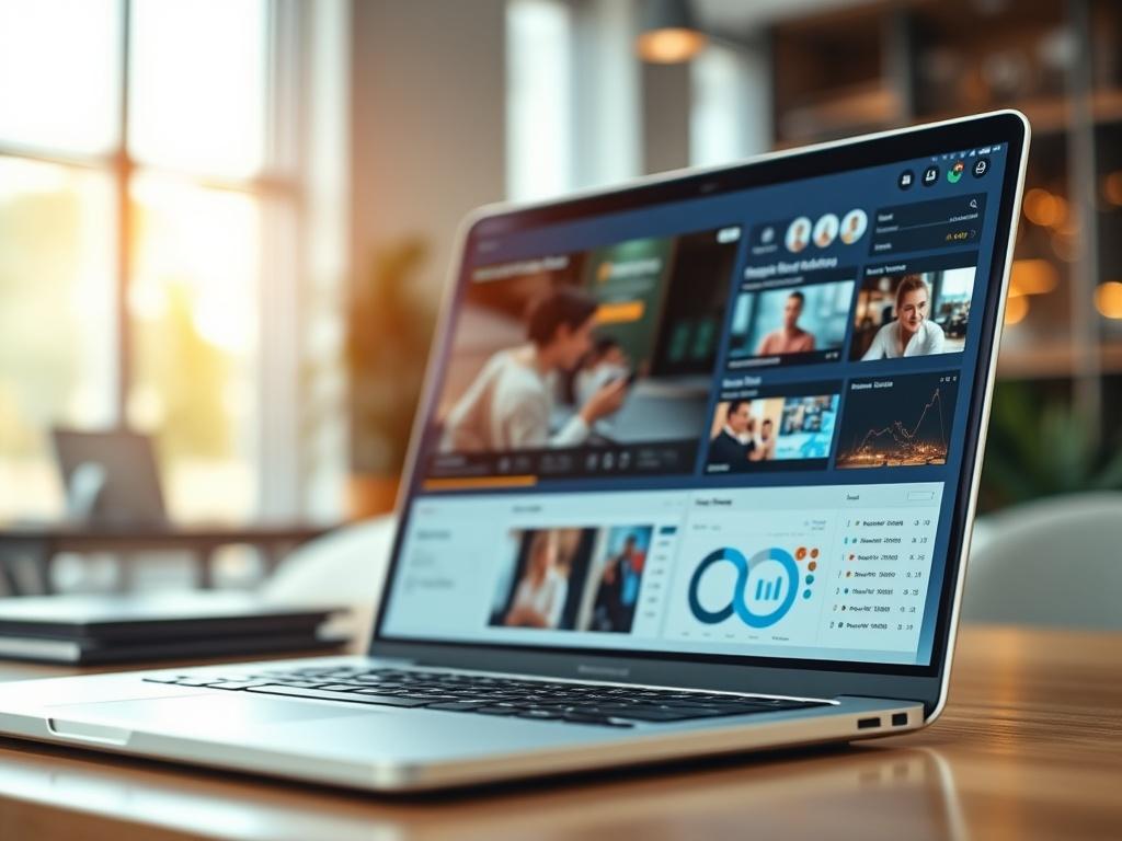 A hyper-realistic close-up shot of a modern digital media platform interface displayed on a sleek laptop screen. The background shows a soft-focus office environment with a warm, inviting ambiance. The screen features vibrant graphics and user-friendly navigation, showcasing a blend of video content and analytics dashboards.