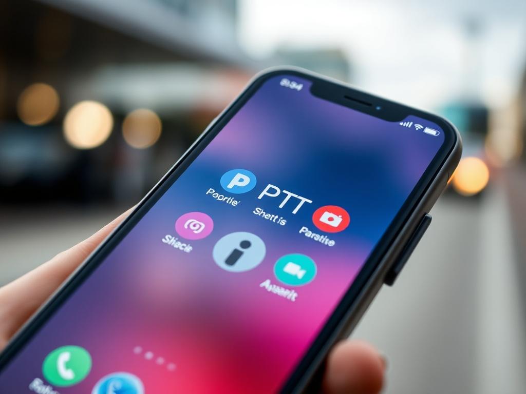 A hyper-realistic close-up shot of a smartphone showcasing the upcoming mobile OS interface with PTT features. The background is a blurred outdoor scene, symbolizing mobility and connectivity. The phone screen highlights the PTT button and vibrant icons representing communication tools.