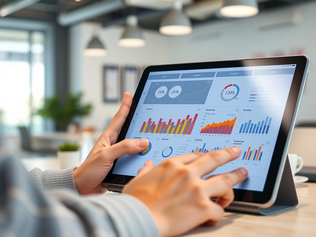 A hyper-realistic close-up shot of a user interacting with an AI-powered business platform interface on a tablet. The background features a modern office with a clean design, showcasing elements of productivity like notebooks and coffee cups. The tablet screen displays colorful graphs and performance metrics.