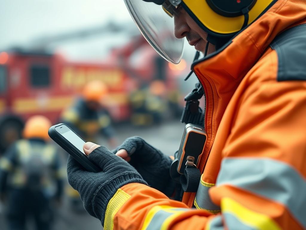 A close-up shot of a first responder using a mobile device in an emergency situation, capturing the essence of urgency and connectivity. The background should be a blurred view of a rescue operation, emphasizing action. The image should project a sense of reliability and service, shot with a 45mm f/1.2 lens.