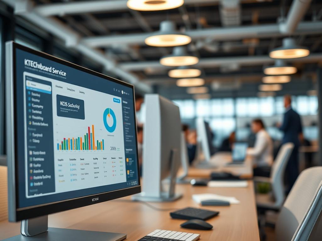 A close-up shot of a modern office environment with a focus on a sleek computer setup displaying KTECH's broadband service dashboard. The background features a blurred view of busy professionals collaborating. The image should convey a sense of connectivity and productivity, shot with a 45mm f/1.2 lens.