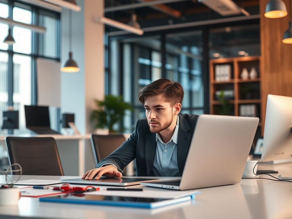 A hyper-realistic photo of a professional working at a desk in a modern office, surrounded by technology and connectivity tools. The subject should be focused on their work, with a laptop open displaying data, highlighting a productive environment. The office should have a contemporary design, with warm tones that reflect a positive workplace culture.