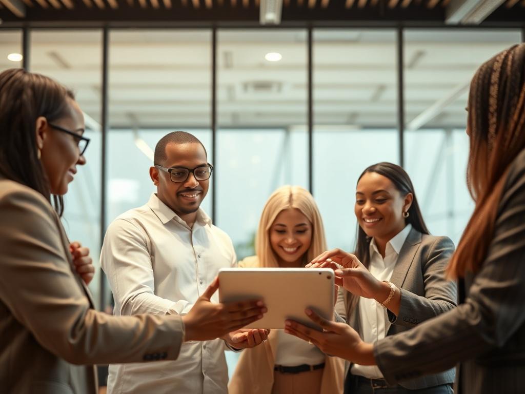 A hyper-realistic photo of a diverse group of professionals collaborating in a modern office environment. The focus should be on a close-up shot of the team brainstorming over a digital tablet, showcasing engagement and teamwork. The background should be softly blurred to emphasize the individuals, with warm lighting to create an inviting atmosphere.