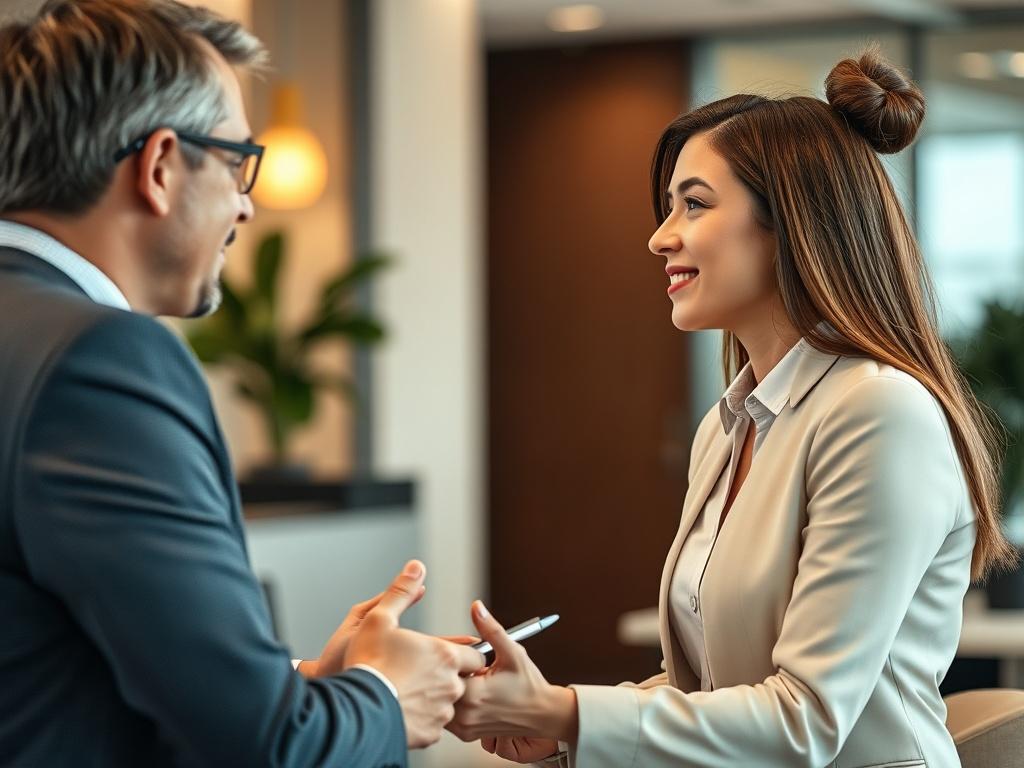 A hyper-realistic photo of a job applicant discussing with an HR representative in a professional setting. The atmosphere should be welcoming, with both individuals engaged in conversation. The background should feature office decor that conveys a friendly and inviting corporate environment.