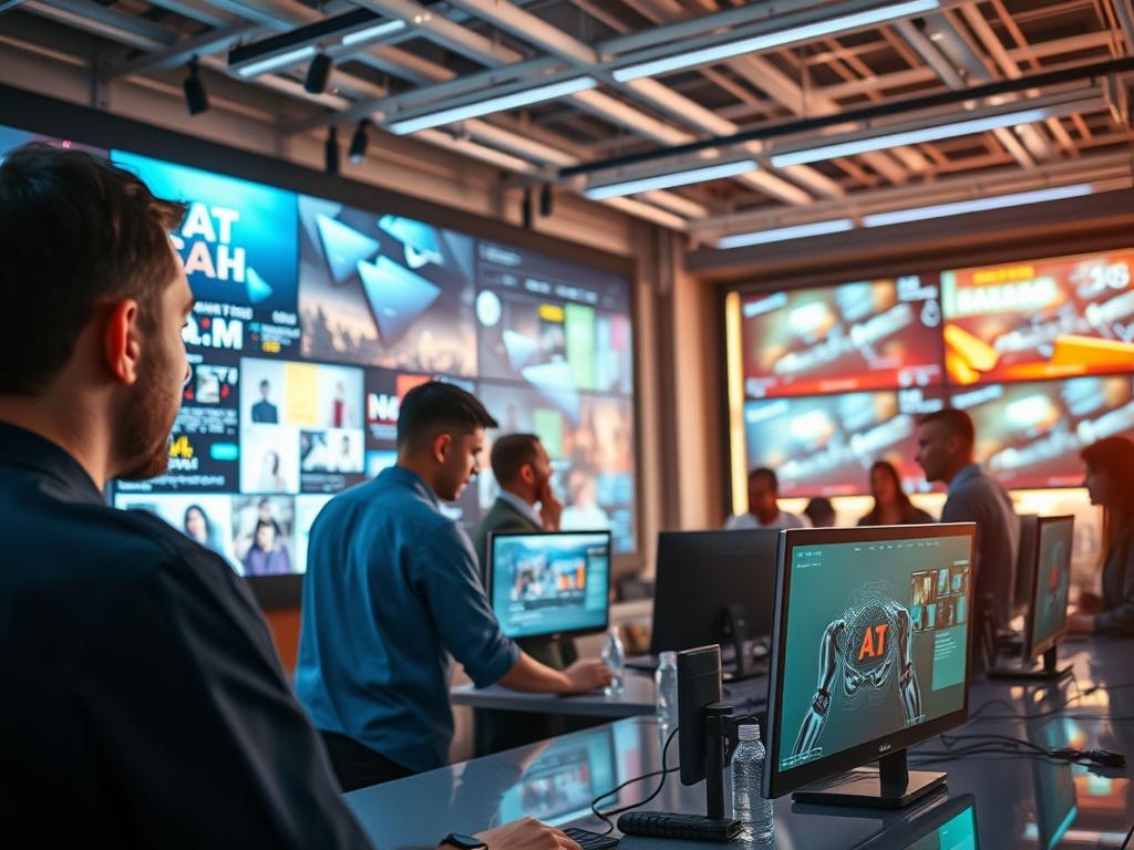A futuristic workspace with advanced technology, showcasing an AI interface generating multimedia content. The setting is bright and modern, with digital screens displaying vibrant graphics and videos, reflecting a high-tech environment. The focus should be on the AI interface, with a diverse team collaborating around it, symbolizing innovation and creativity.