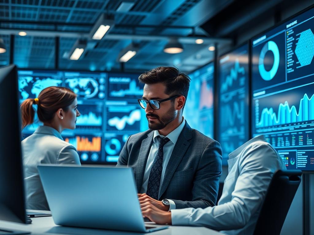 A sleek office environment featuring AI dashboards and analytics tools in use. The image shows professionals analyzing data on large screens, with a futuristic aesthetic. Emphasize collaboration and technological advancement, with a focus on the AI interfaces driving decision-making and efficiency.