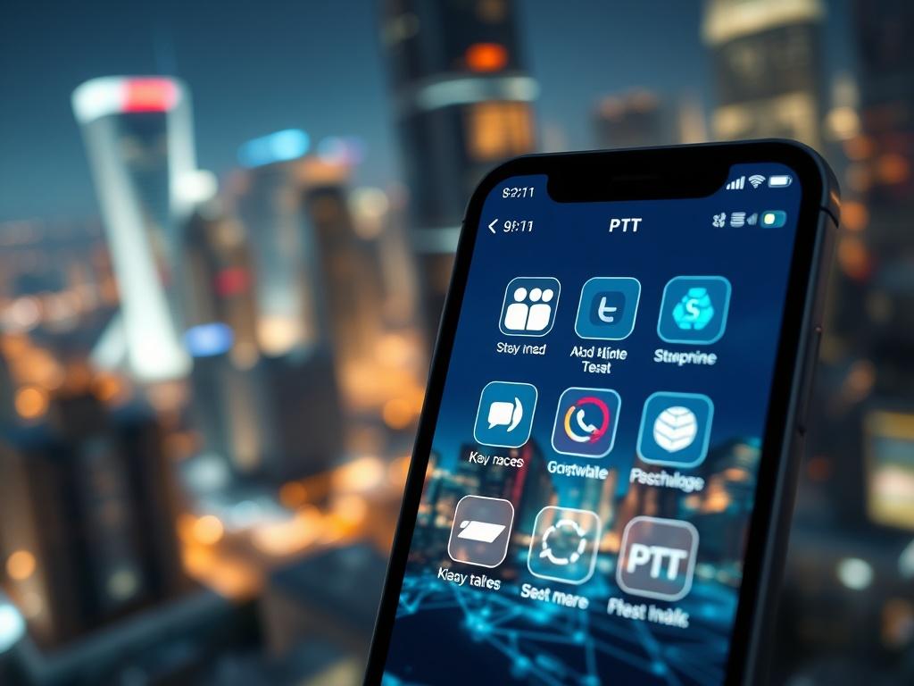 A futuristic mobile device displaying the new mobile OS interface, emphasizing a PTT communication feature. The background shows a dynamic cityscape, symbolizing connectivity and modernity. The focus should be on the smartphone and its sleek design, with glowing icons representing instant communication.