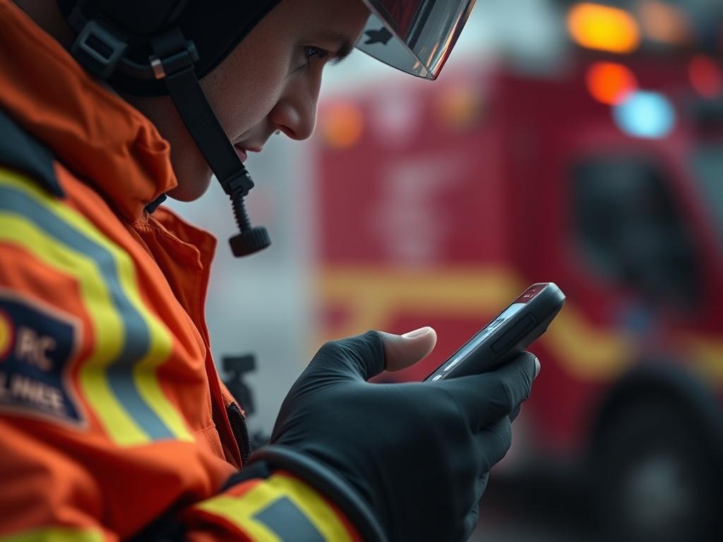 A close-up image of a first responder checking a mobile device while in action, with a focus on the device’s screen displaying emergency information. The background should subtly hint at an emergency response scene, all while maintaining a color theme of rgb(50, 170, 39).