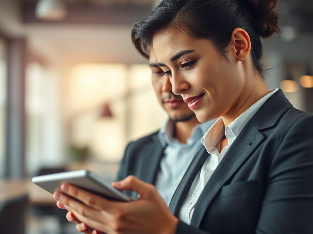 A close-up shot of a business professional using a tablet in a modern office setting, with a focus on the device and the professional's engaged expression. The background should be blurred to emphasize the technology in use, with a color theme that reflects rgb(50, 170, 39).