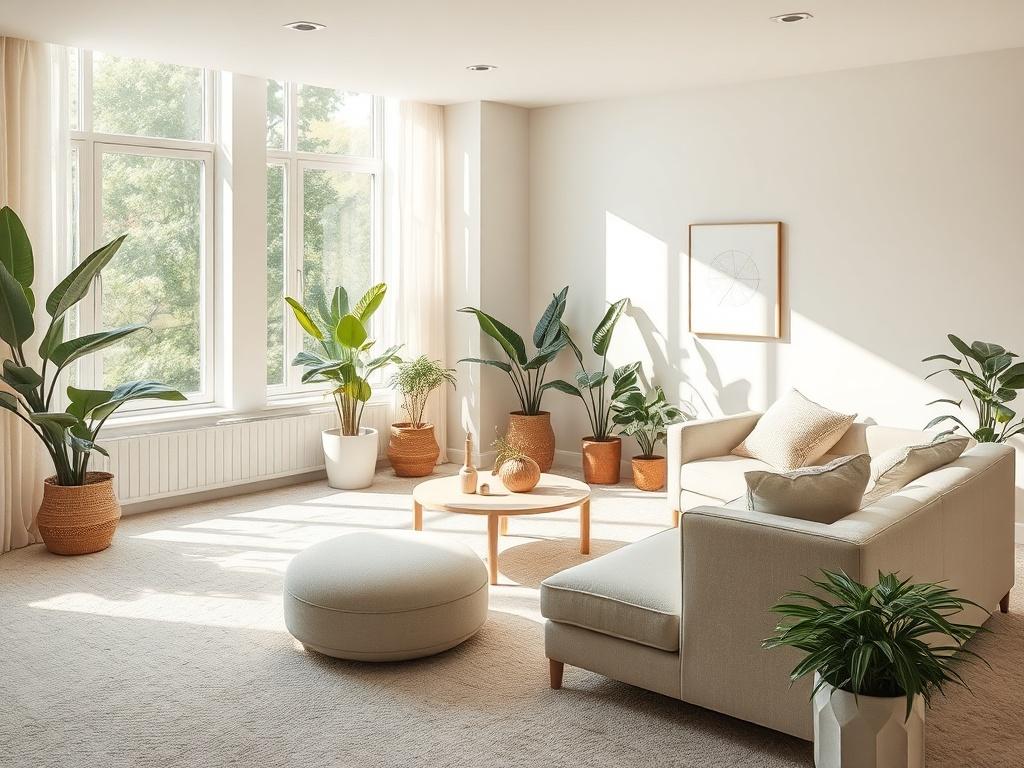 A serene living room with freshly cleaned carpets, featuring natural