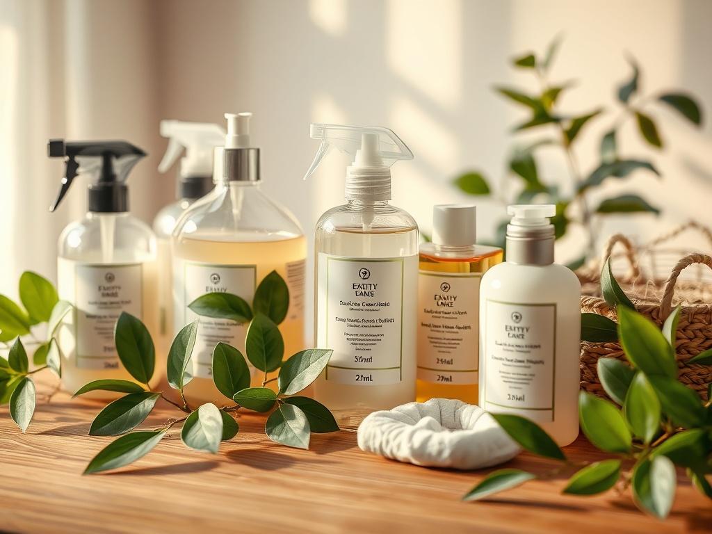 A close up of eco friendly cleaning products arranged on