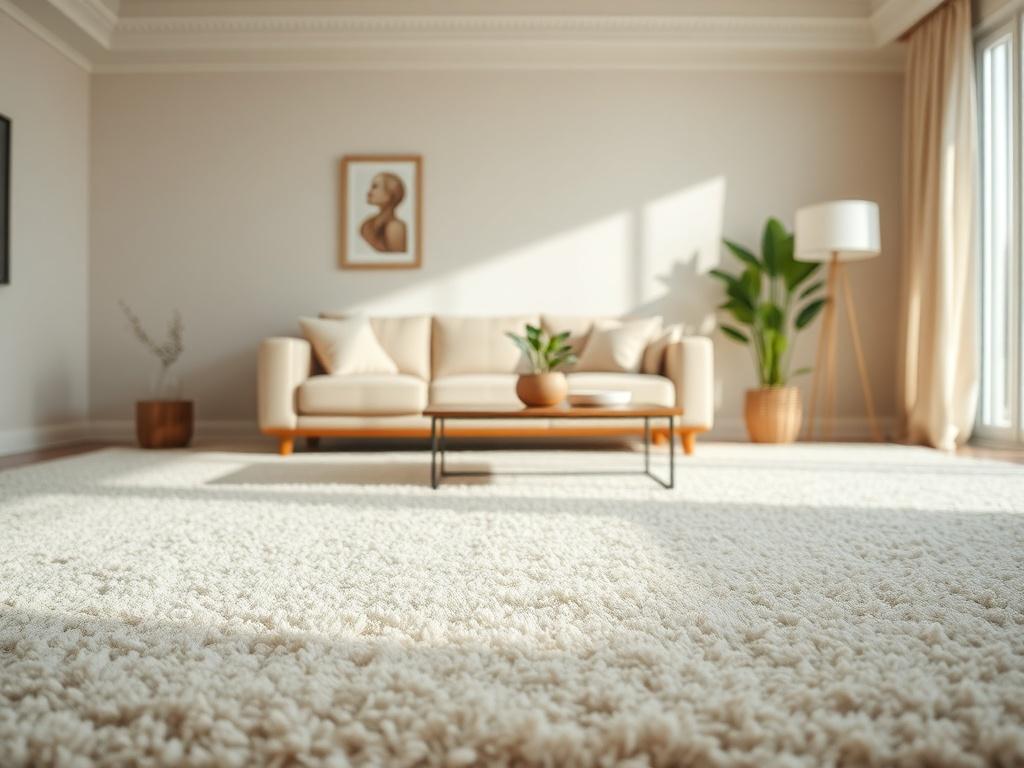 A serene living room with freshly cleaned carpets, soft lighting,
