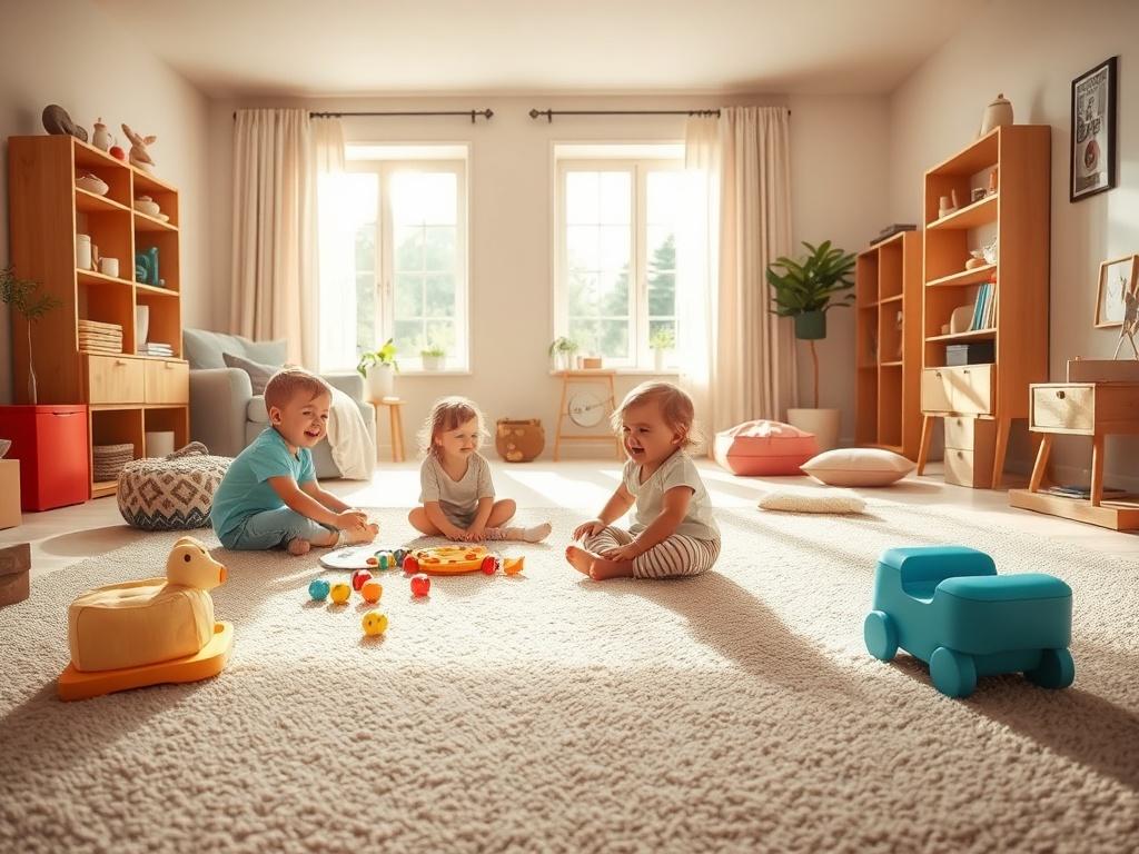A cheerful family room with kids playing on freshly cleaned