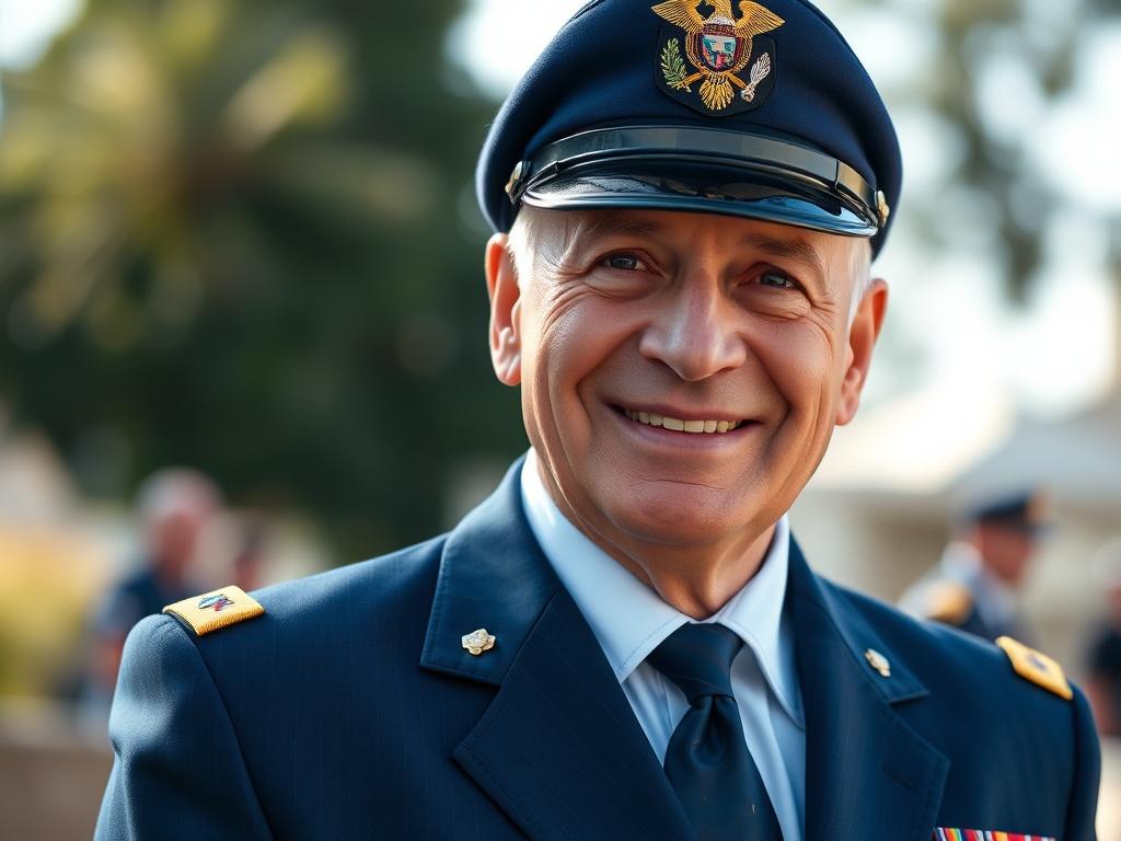 A close-up portrait of a proud military veteran wearing a formal suit, smiling confidently. The background should be a softly blurred outdoor setting with natural light, showcasing a sense of tranquility and respect. The color scheme should harmonize with navy blue and gold accents, emphasizing trust and prestige. The focus should be on the veteran's facial expression, conveying pride and honor.