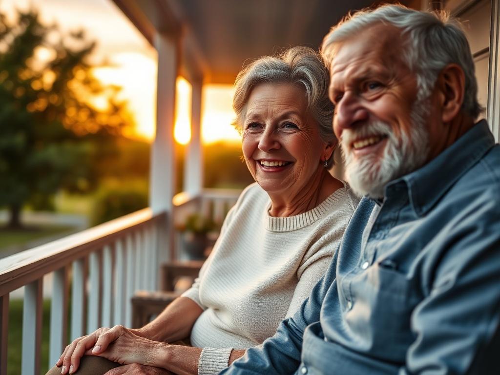 A close up shot of an elderly couple smiling together,