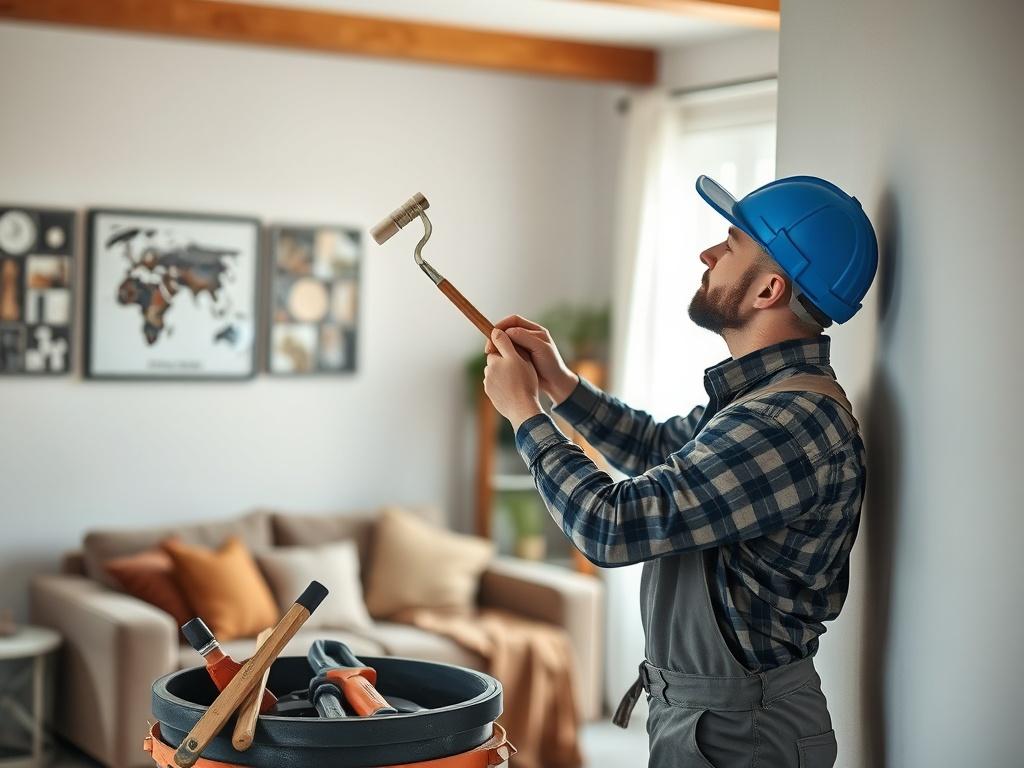 A realistic high-resolution photo of a skilled tradesperson carefully painting a wall in a well-lit living room. The scene showcases attention to detail and professionalism, with tools neatly arranged nearby. The background is a cozy home environment, emphasizing the warmth and care put into home renovations.