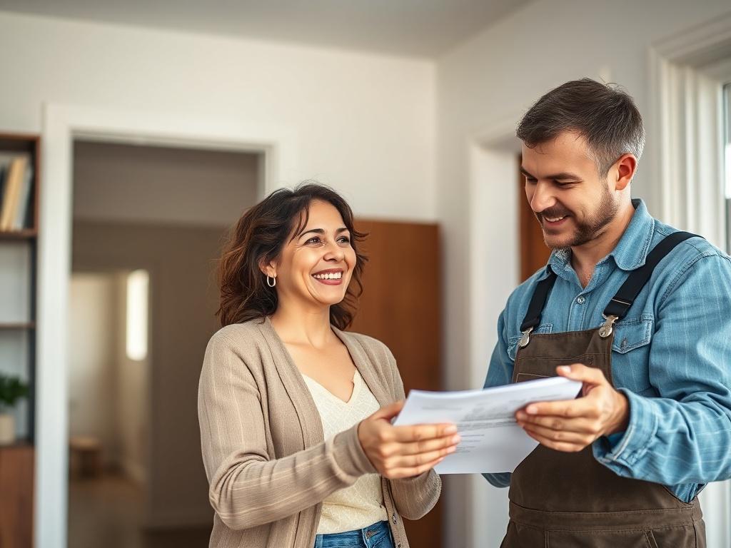 A close-up of a satisfied homeowner inspecting their newly renovated space, with a contractor beside them discussing details. The room looks fresh and vibrant, showcasing completed work. The focus is on the expressions of satisfaction and pride in the finished project.