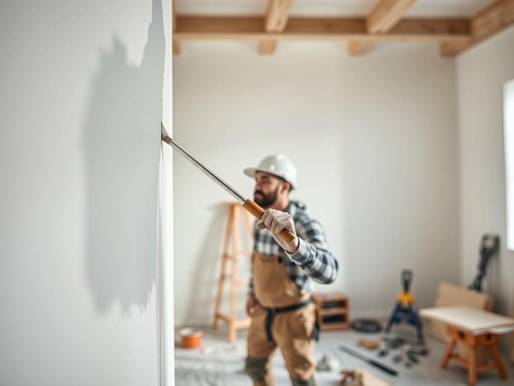 A close-up shot of a skilled worker painting a wall in a beautifully renovated room, showcasing fresh colors and textures. The room is bright and airy, with renovation tools in the background, highlighting the active work in progress. The focus is on the worker's technique and attention to detail.