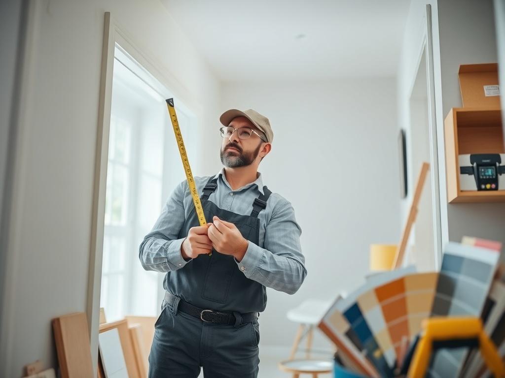 A close-up shot of a professional inspecting a home's interior, measuring walls with a tape measure, surrounded by renovation materials. The setting is bright and inviting, highlighting details like paint samples and tools. The focus is sharp on the inspector, with a blurred background to emphasize the assessment process.