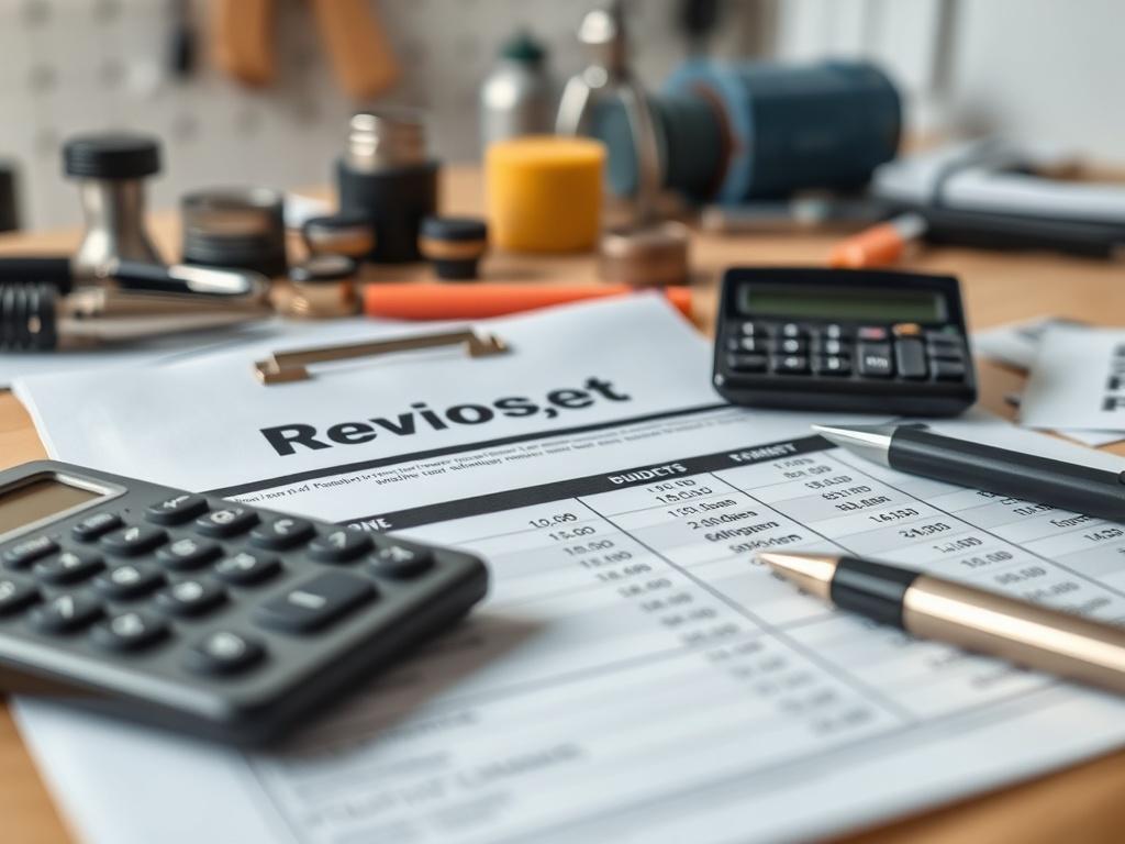A close-up of a detailed renovation budget document on a table, with a calculator and a pen beside it. The background shows tools and materials related to home renovation, creating a professional atmosphere. The focus on the budget document highlights its importance in the renovation process.