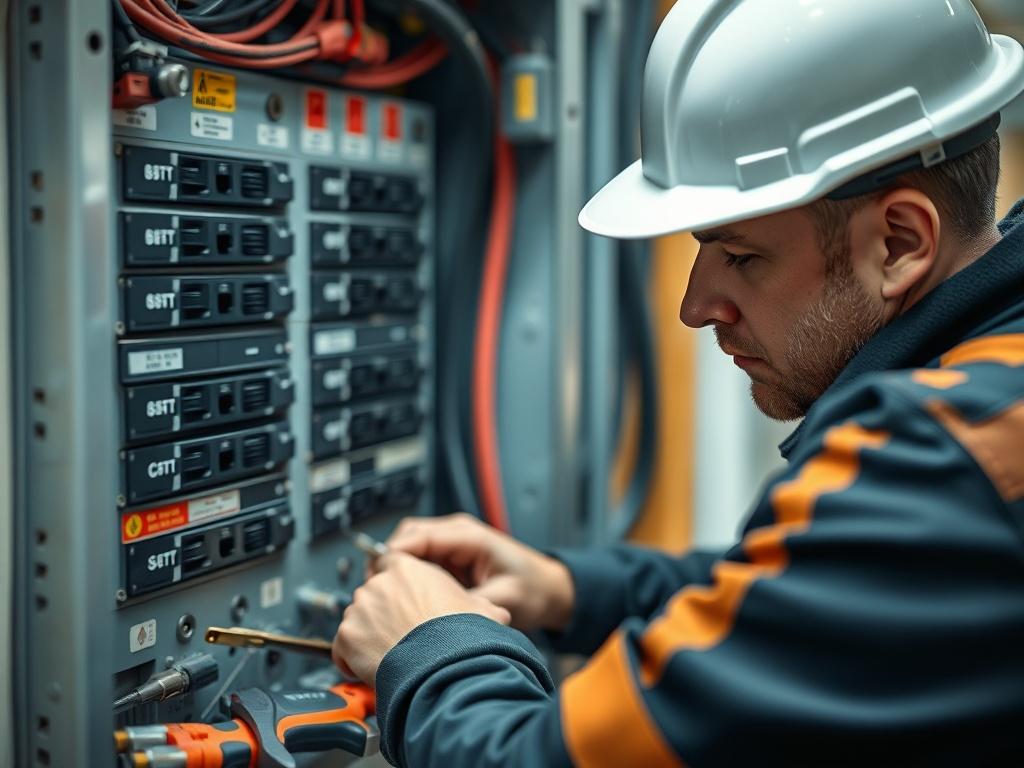 A close up shot of an electrician working on a