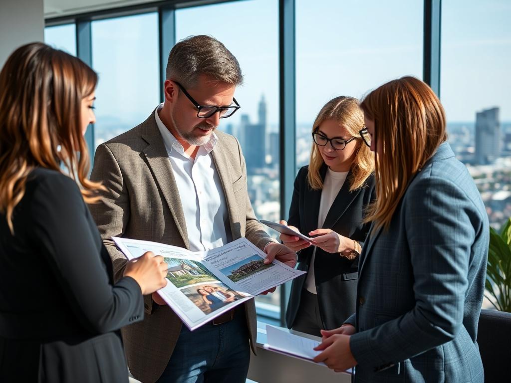 A realistic high-resolution photo of a modern real estate agent discussing property details with clients in a stylish office setting. The agent is pointing at a property brochure while the clients are engaged and taking notes. The background features a large window showcasing a panoramic view of the city skyline. The composition is clean and focused, highlighting the professionalism and trust in the real estate process.