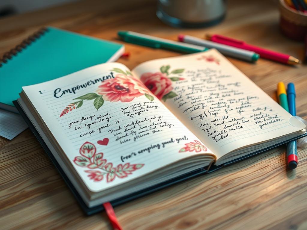 A close-up shot of an open empowerment journal with a beautiful floral design on the cover, lying on a wooden desk. The journal pages are filled with handwritten notes and colorful pens scattered around. The background is softly blurred, emphasizing the journal as the main subject, and the overall color palette complements the rgb(193, 153, 87) primary color.
