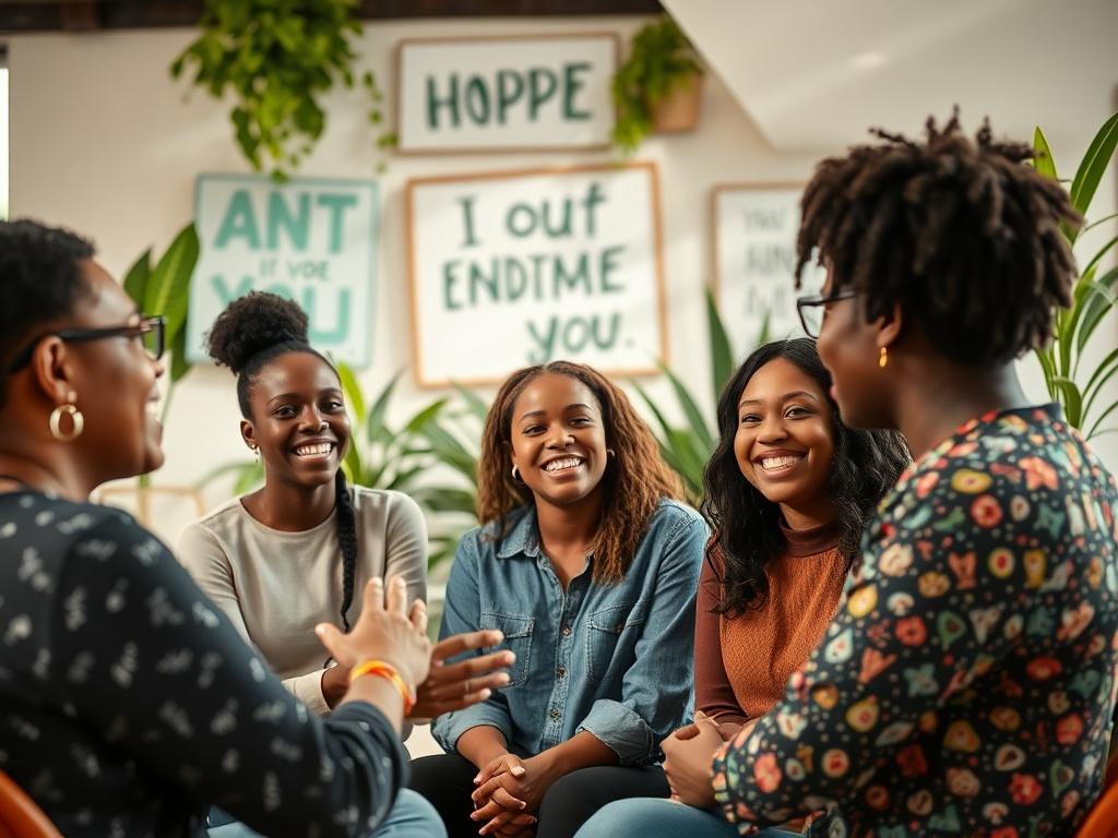 A vibrant close-up shot of a diverse group of individuals participating in an empowerment workshop. They are engaged in a lively discussion, expressing enthusiasm and support for one another. The background showcases a bright and inviting space filled with natural light, plants, and motivational visuals. The image should be shot with a 45mm f/1.2 lens style, capturing the energy and connection among participants.