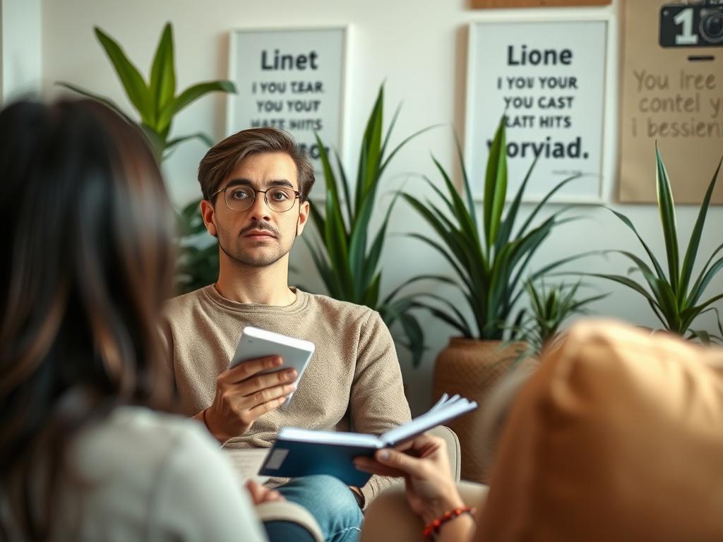 A close-up shot of a focused individual engaging in a life coaching session, with a warm and inviting atmosphere. The person is sitting comfortably, holding a notebook, and looking inspired. Soft lighting enhances the emotional depth of the moment. The background features a cozy room with plants and motivational quotes, reflecting a serene and encouraging environment. The image should be shot with a 45mm f/1.2 lens style, emphasizing the connection between the coach and client.