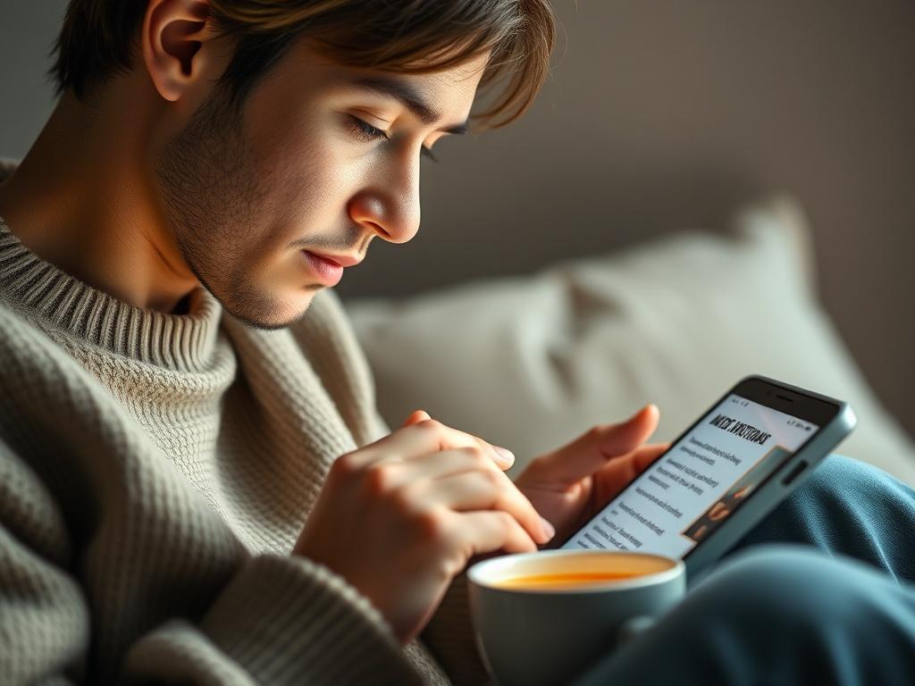 A close-up shot of a person enjoying motivational content on a digital device, with a look of inspiration on their face. The setting is cozy, with a warm cup of tea or coffee beside them, and soft lighting creating a calm atmosphere. The background is uncluttered, focusing on the individual and their engagement with the content. The image should be shot with a 45mm f/1.2 lens style, emphasizing the thoughtful moment.