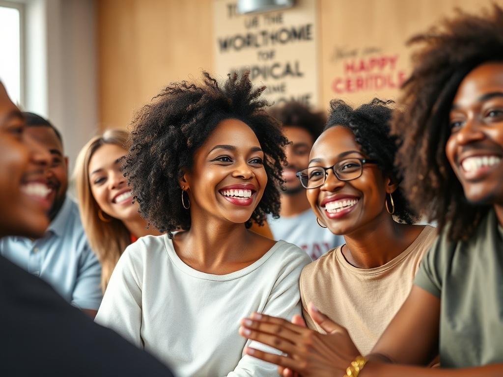 A close-up shot of a diverse group of people smiling and engaging in a motivational workshop. The atmosphere is bright and inviting, showcasing a warm environment with soft lighting. Focus on the expressions of empowerment and connection among the participants, highlighting their enthusiasm and support for one another. The background should include subtle elements of a creative workspace with motivational quotes on the walls, and the primary color should be rgb(193, 153, 87) to blend harmoniously.