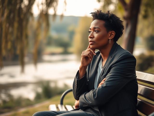 Create a realistic high-resolution photo that embodies the essence of personal growth and transformative coaching with the title "Unlock Your Potential: Transformative Coaching in Riverside." The image should feature a single subject, a confident and thoughtful person in their mid-30s, sitting on a park bench overlooking a serene riverside. This subject, a diverse individual dressed in casual yet professional attire, should exhibit a contemplative expression as they gaze into the distance, symbolizing self-