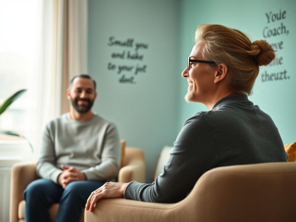 A focused individual in a serene coaching session, sitting comfortably across from a life coach in a well-lit room. The coach is engaging, with a warm smile, while the individual looks inspired and contemplative. The background features calming colors and motivational quotes on the walls, creating a nurturing atmosphere.