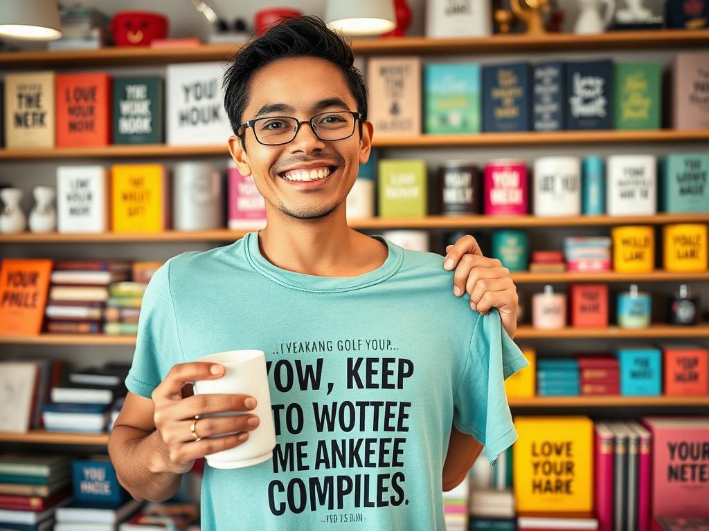 A vibrant display of empowering merchandise including T-shirts, mugs, and journals, all featuring motivational quotes. A person holds a stylish T-shirt with an inspiring message, smiling broadly in a bright, inviting atmosphere. The background showcases a well-organized merchandise shelf, filled with colorful and empowering items.