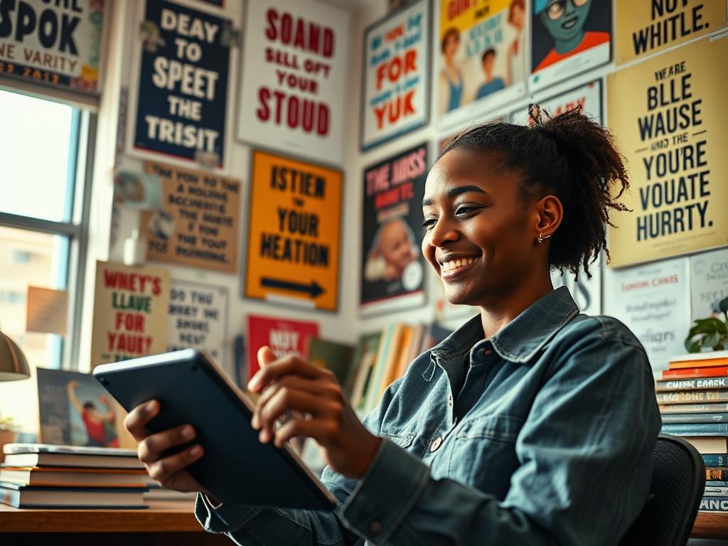 An inspiring workspace filled with motivational posters and books. A person is seen engaging with a digital tablet, deeply focused and smiling as they absorb uplifting content. The atmosphere is vibrant and energizing, with soft natural light streaming through a window, enhancing the feeling of empowerment.