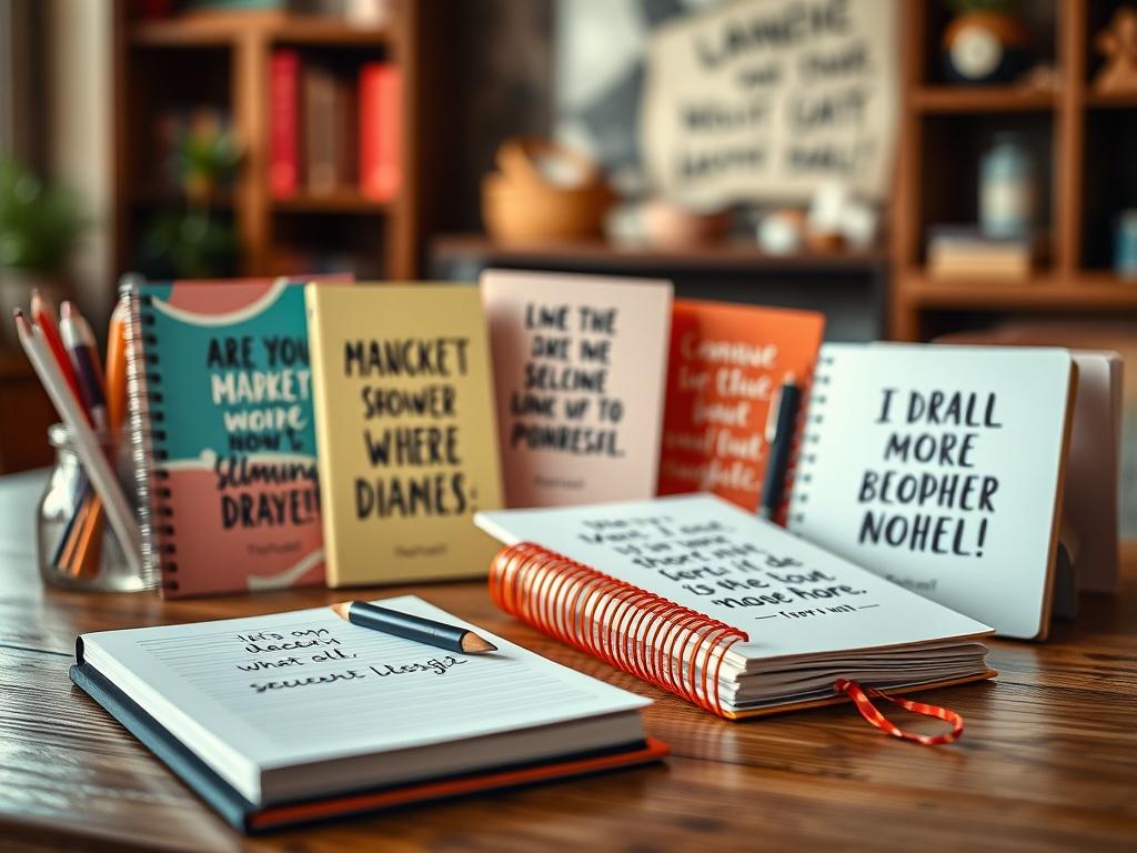 A close-up shot of a beautifully designed journal and motivational merchandise displayed on a wooden table, showcasing their vibrant colors and inspirational quotes. The background should be softly blurred, creating a warm and inviting atmosphere. The scene should evoke feelings of creativity and motivation, shot with a 45mm f/1.2 lens style.