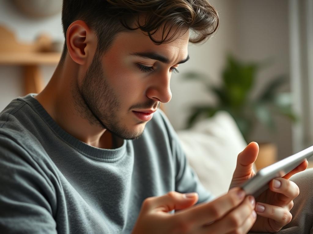 An engaging close-up shot of a person reading motivational content on a tablet, their face reflecting deep concentration and inspiration. The background should be softly blurred, suggesting a cozy home environment filled with natural light. The individual should be casually dressed, embodying a sense of comfort and focus, shot with a 45mm f/1.2 lens style.