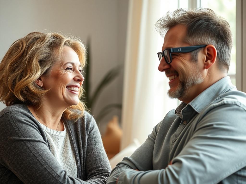 A close-up shot of a life coach engaged in a conversation with a client, both smiling and showing a positive connection. The background should be soft and blurred to enhance focus on the interaction. The setting should convey warmth and inspiration, with natural light filtering through a window. The coach should be in a casual yet professional attire, embodying empathy and understanding, shot with a 45mm f/1.2 lens style.