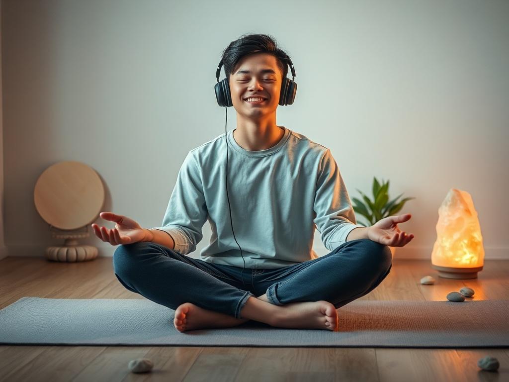 **AI Image Generation Prompt:**

Create a highly detailed, realistic high-resolution image that captures the essence of the blog titled "The Hidden Power of Binaural Beats for Your Mind." The composition should be simple and clear, featuring a single subject: a young adult, seated cross-legged on a serene, softly lit meditation mat. This individual displays a calm, blissful expression, embodying relaxation and focus, to highlight the transformative effects of binaural beats. 

The person should be wearing c