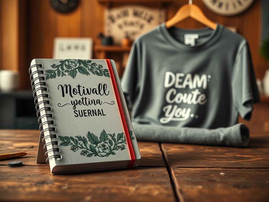 A striking close-up of a beautifully designed motivational journal and an inspirational quote t-shirt displayed on a rustic wooden table. The background features warm, inviting colors and soft lighting, creating an atmosphere of creativity and inspiration. The focus is on the textures and details of the merchandise, emphasizing quality and meaningful design.