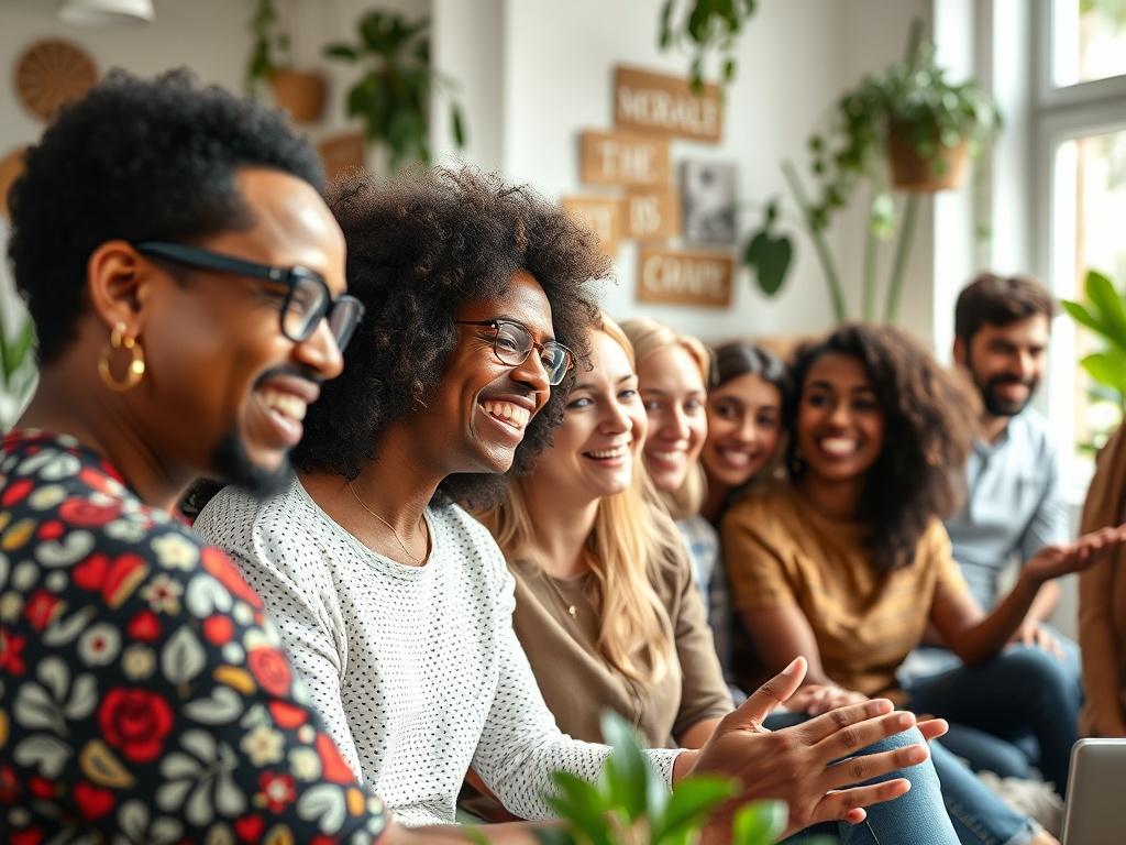A vibrant close-up of a diverse group of participants engaged in an interactive workshop, showcasing their enthusiasm and collaboration. The setting is a bright, spacious room with natural light streaming in, filled with plants and inspiring decorations. The focus is on the participants' expressions of joy and excitement, emphasizing a sense of community and empowerment.
