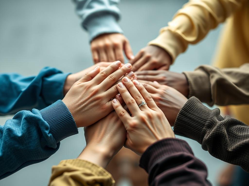 A close-up of diverse hands joining together in a circle, symbolizing unity and community support. The background is blurred to emphasize the connection, creating a sense of belonging and collaboration.