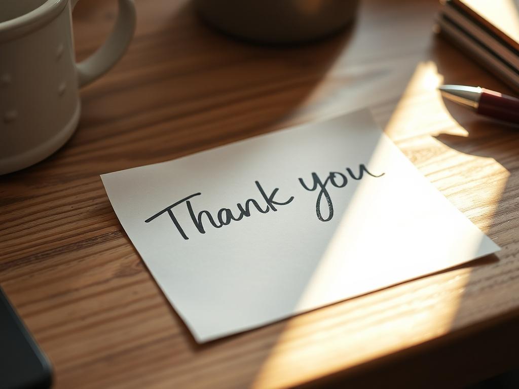 A close-up shot of a handwritten thank you note on a wooden desk, surrounded by a soft, warm light. The note expresses gratitude and encouragement, with gentle textures in the background, creating a welcoming and uplifting atmosphere.