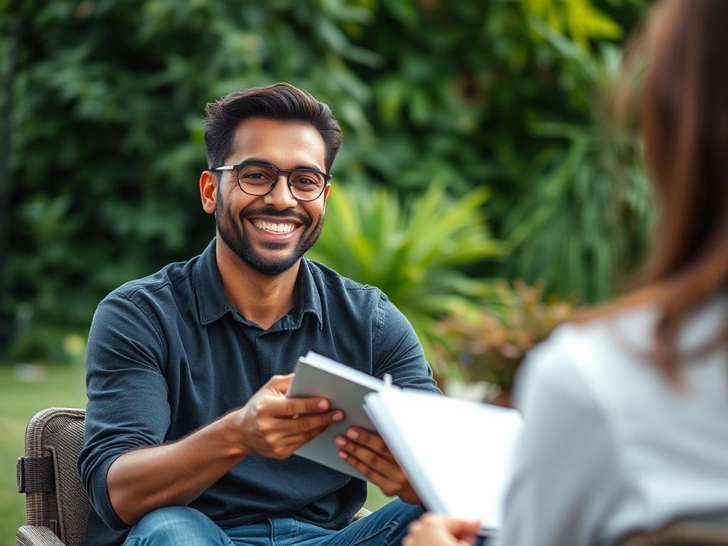 A close-up shot of a confident individual sitting in a serene outdoor setting, engaged in a personal coaching session. The subject is smiling, holding a notebook with notes. The background features lush greenery, emphasizing tranquility and focus, shot with a 45mm f/1.2 lens style.