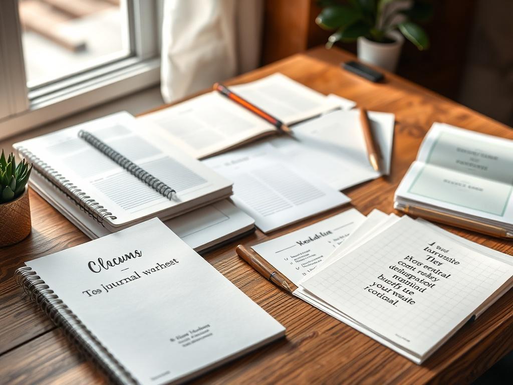 A hyper-realistic close-up of a beautifully designed personal growth toolkit, featuring journals, worksheets, and motivational cards neatly arranged on a wooden desk. The background shows soft natural lighting filtering through a window, highlighting the texture and details of the materials.