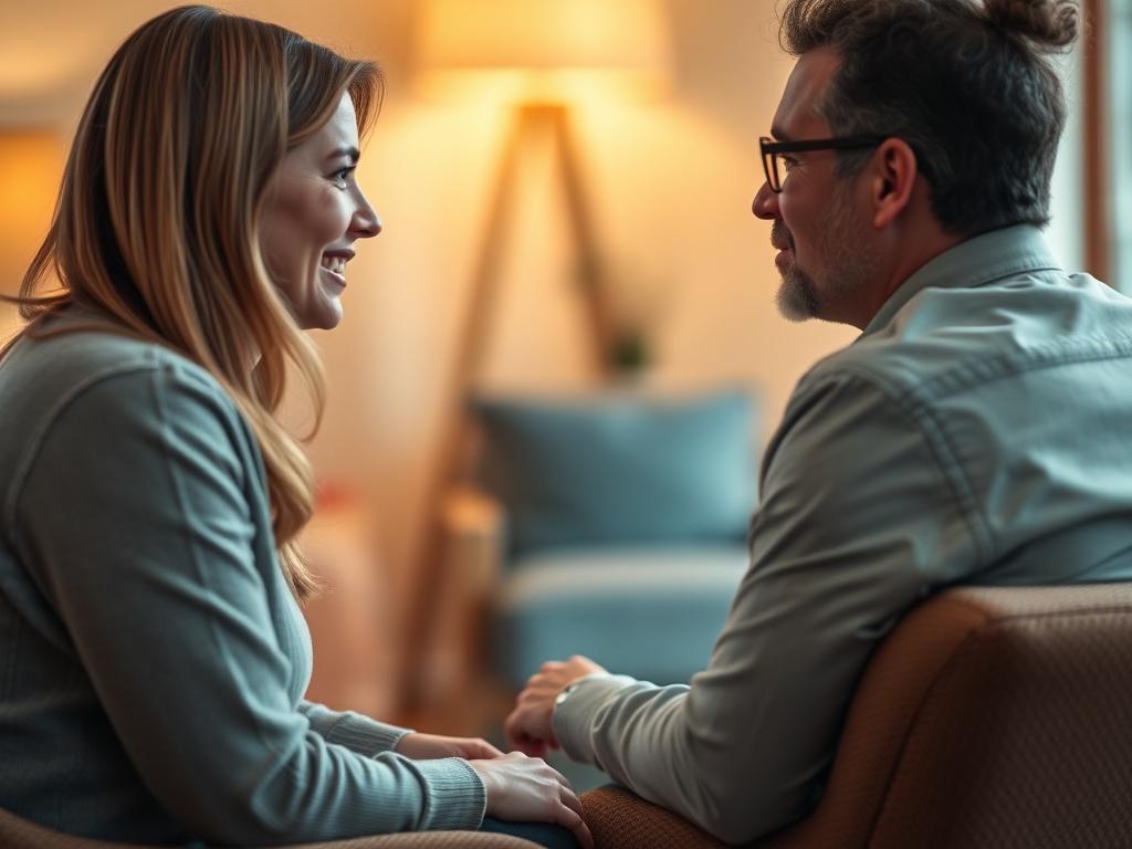 A hyper-realistic close-up of a coaching session in progress, featuring a coach and a client engaged in a deep conversation. The setting is cozy, with warm lighting and a comfortable chair, creating an inviting atmosphere that encourages open dialogue.