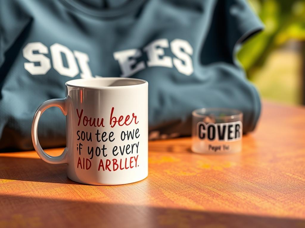 A hyper-realistic close-up of a stylish t-shirt and a motivational mug showcasing inspiring quotes. The items are displayed on a vibrant, textured surface, with soft natural light enhancing the colors and details, creating an inviting and uplifting feel.