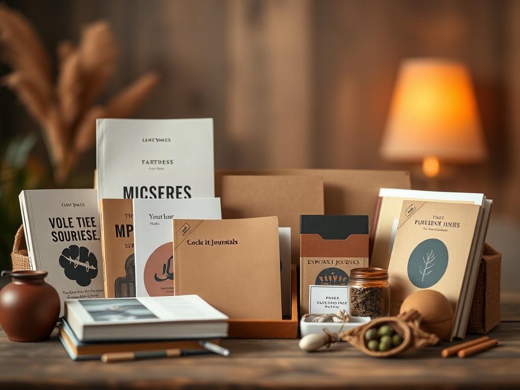A realistic high-resolution photo of a beautifully arranged Starter Kit Bundle, featuring a collection of motivational books, journals, and empowering merchandise. The background should be softly blurred to emphasize the bundle, with warm lighting enhancing the earthy tones of the items. The composition should focus on the kit in the center, with a close-up shot capturing the textures and details of the materials.